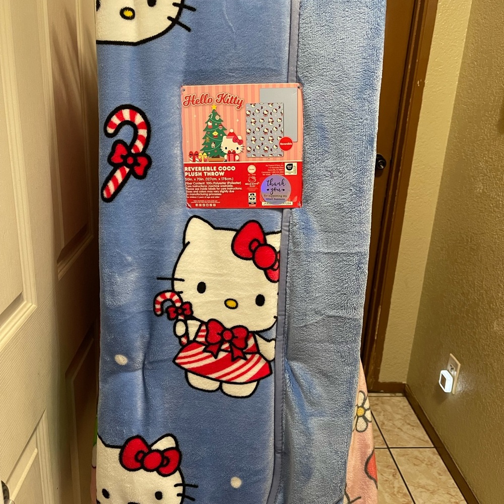 Hello Kitty Blue and White Plush Reversible Throw Blanket